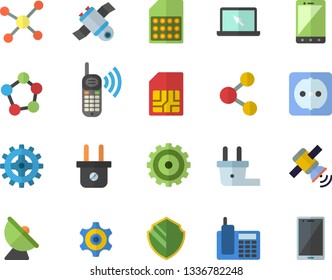 Color flat icon set sockets flat vector, plug socket, cogwheel, satellite antenna, SIM card, phone call, molecules, telephone, laptop, molecule, satellit, security fector, share, mobile