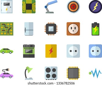 Color flat icon set sockets flat vector, switch box, electric stove, induction cooker, fridge, battery, socket, cars, motherboard, reading lamp, cpu, lightning, electronic circuit, discharge fector