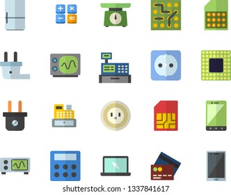 Color flat icon set sockets flat vector, weighing machine, fridge, socket, plug, SIM card, calculator, cash, laptop, cpu, oscilloscope, electronic circuit, credit fector, mobile
