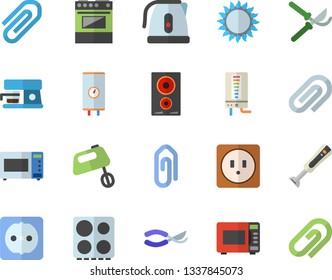 Color flat icon set sockets flat vector, boiler, electric kettle, stove, induction cooker, gas, microwave, mixer, blender, coffee machine, secateurs, clip