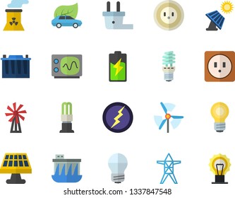 Color Flat Icon Set Sockets Flat Vector, Energy Saving Lamp, Windmill, Battery, Solar, Accumulator, Socket, Plug, Power Line Support, Hydroelectric Station, Eco Cars, Bulb, Nuclear Plant, Lightning