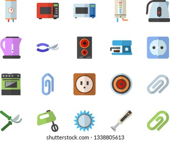 Color flat icon set sockets flat vector, boiler, electric kettle, stove, induction cooker, gas, microwave, mixer, blender, coffee machine, secateurs, clip