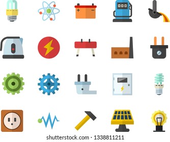 Color flat icon set sockets flat vector, energy saving lamp, switch box, hammer, electric kettle, solar battery, refueling, accumulator, plug socket, manufactory, cogwheel, metallurgy, atom