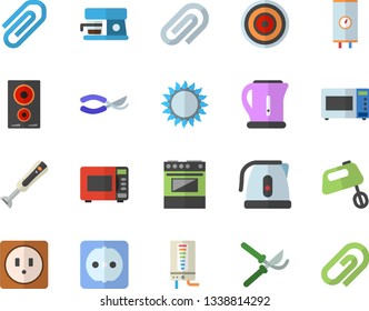 Color flat icon set sockets flat vector, boiler, electric kettle, stove, induction cooker, gas, microwave, mixer, blender, coffee machine, secateurs, clip