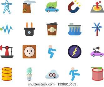 Color flat icon set sockets flat vector, warm floor, coffe, windmill, oil pumping, tanks, plug socket, power line support, hydroelectric station, energy saving lamp, eco cars, electric, magnet