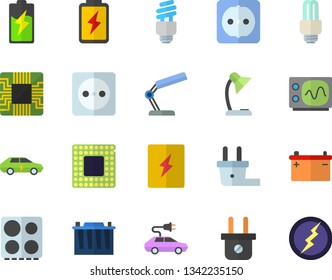 Color flat icon set sockets flat vector, switch box, electric stove, battery, accumulator, socket, plug, cars, motherboard, reading lamp, energy saving fector, cpu, oscilloscope, lightning