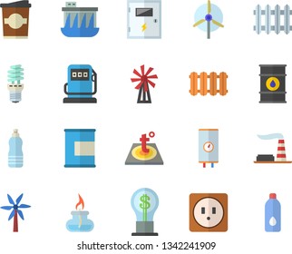Color flat icon set sockets flat vector, switch box, warm floor, heating batteries, boiler, coffe, windmill, refueling, factory, oil tanks, hydroelectric power station, energy saving lamp, radiator