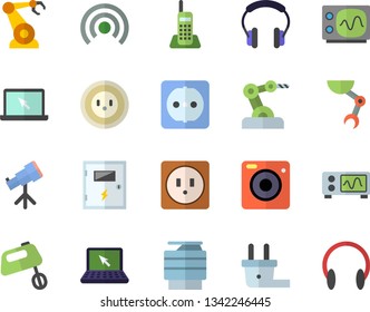 Color flat icon set sockets flat vector, switch box, mixer, socket, plug, robotics, telephone, copy machine, laptop, robot hand, oscilloscope, industrial, telescope, broadcast, camera, headset