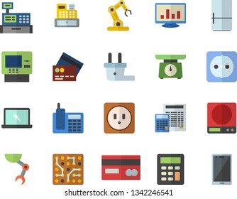 Color flat icon set sockets flat vector, calculator, weighing machine, fridge, plug socket, credit card, cash, computer chart, telephone, laptop, robot hand, industrial, electronic circuit, fector