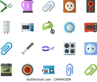 Color flat icon set sockets flat vector, boiler, electric kettle, stove, induction cooker, gas, microwave, mixer, blender, coffee machine, secateurs, clip