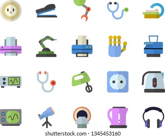 Color flat icon set sockets flat vector, electric kettle, mixer, socket, robotics, stethoscope, tomograph, printer, copy machine, stapler, robot hand, oscilloscope, telescope, headset