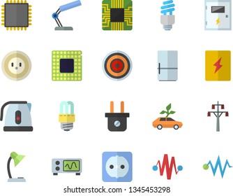 Color flat icon set sockets flat vector, energy saving lamp, switch box, electric kettle, induction cooker, fridge, socket, plug, power line support, eco cars, motherboard, reading,  , cpu
