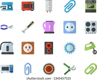 Color flat icon set sockets flat vector, boiler, electric kettle, stove, induction cooker, gas, microwave, mixer, blender, coffee machine, secateurs, clip
