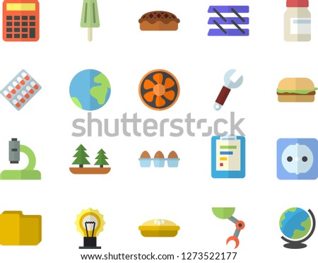 Color flat icon set sockets flat vector, egg, hamburger, pie, ice cream, ventilation, forest, wrench, graphic report, pill packaging, microscope, computer file, paper tray, robot hand, calculator