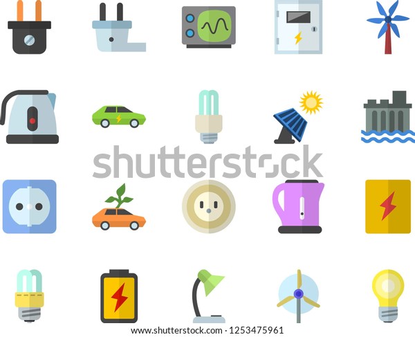 Color flat icon set sockets flat vector,\
energy saving lamp, switch box, electric kettle, windmill, battery,\
solar, socket, plug, hydroelectric power station, eco cars,\
reading, fector,\
oscilloscope