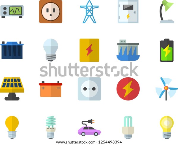 Color flat icon set sockets flat vector,\
energy saving lamp, switch box, battery, solar, accumulator,\
socket, power line support, hydroelectric station, electric cars,\
reading, fector,\
oscilloscope