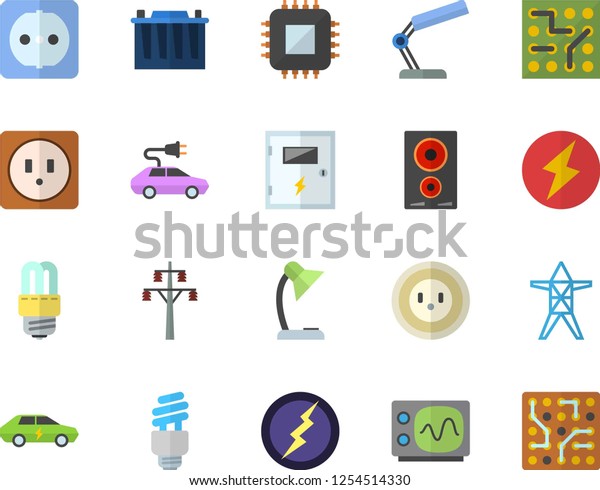 Color\
flat icon set sockets flat vector, energy saving lamp, switch box,\
induction cooker, accumulator, socket, power line support, electric\
cars, motherboard, reading, fector,\
oscilloscope