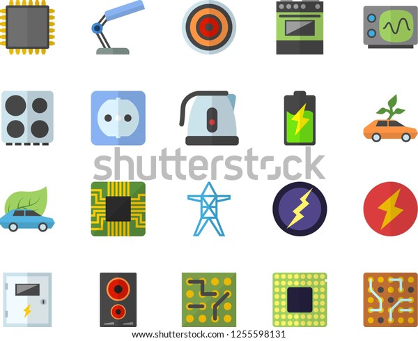 Color flat icon set sockets flat vector, switch\
box, electric kettle, stove, induction cooker, battery, power line\
support, eco cars, motherboard, reading lamp, cpu, oscilloscope,\
lightning