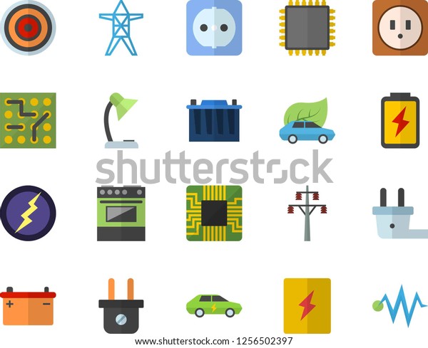 Color flat icon set sockets flat vector, switch\
box, electric stove, induction cooker, battery, accumulator, plug\
socket, power line support, eco cars, motherboard, reading lamp,\
cpu, lightning
