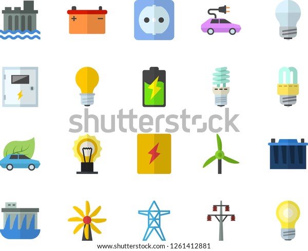 Color flat icon set sockets\
flat vector, energy saving lamp, switch box, battery, windmill,\
accumulator, power line support, hydroelectric station, eco cars,\
electric