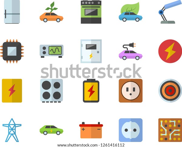 Color flat icon set sockets flat vector, switch\
box, electric stove, induction cooker, fridge, battery,\
accumulator, power line support, eco cars, motherboard, reading\
lamp, oscilloscope,\
lightning
