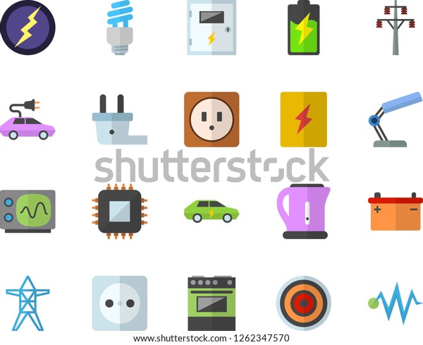 Color flat icon set sockets flat vector,\
switch box, electric kettle, stove, induction cooker, battery,\
accumulator, socket, plug, power line support, cars, motherboard,\
reading lamp,\
oscilloscope