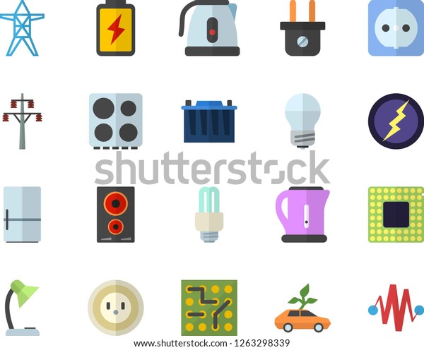 Color flat icon set sockets flat vector, energy\
saving lamp, electric kettle, stove, induction cooker, fridge,\
battery, accumulator, socket, plug, power line support, eco cars,\
reading, fector, cpu
