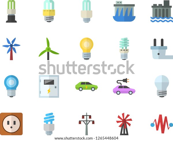 Color flat icon\
set sockets flat vector, energy saving lamp, switch box, windmill,\
plug socket, power line support, hydroelectric station, electric\
cars, bulb, fector,\
discharge
