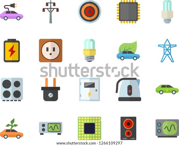 Color flat icon set sockets flat vector,\
energy saving lamp, switch box, electric kettle, stove, induction\
cooker, battery, plug socket, power line support, eco cars, fector,\
cpu, oscilloscope