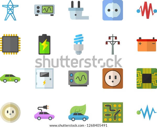 Color flat icon set sockets flat vector, switch\
box, battery, accumulator, socket, plug, power line support, eco\
cars, electric, motherboard, energy saving lamp fector, cpu,\
oscilloscope, discharge