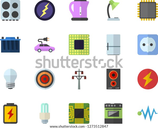 Color flat icon set sockets flat vector, energy\
saving lamp, electric kettle, stove, induction cooker, fridge,\
battery, accumulator, power line support, cars, motherboard,\
reading, fector, cpu