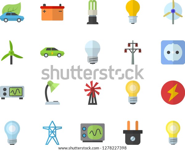 Color flat icon\
set sockets flat vector, energy saving lamp, windmill, accumulator,\
plug socket, power line support, eco cars, electric, reading, bulb,\
oscilloscope, lightning