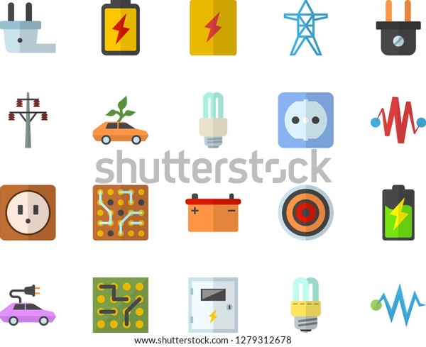 Color flat icon set sockets flat vector, energy\
saving lamp, switch box, induction cooker, battery, accumulator,\
plug socket, power line support, eco cars, electric, fector,\
electronic circuit