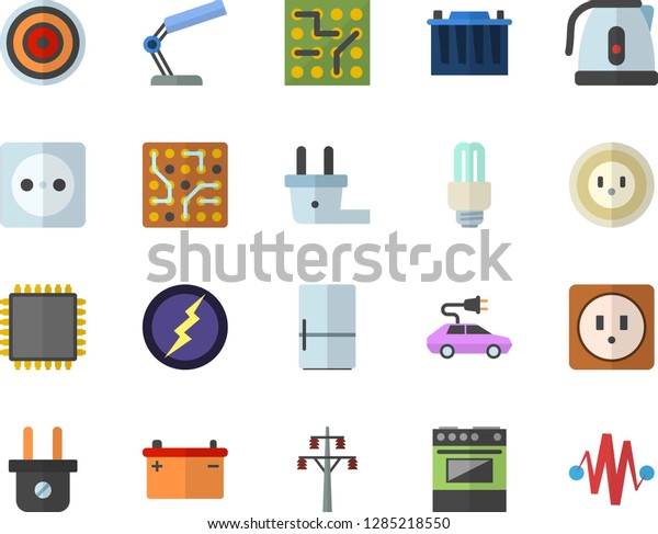 Color flat icon set sockets flat vector,\
electric kettle, stove, induction cooker, fridge, accumulator,\
socket, plug, power line support, cars, reading lamp, energy saving\
fector, cpu, lightning