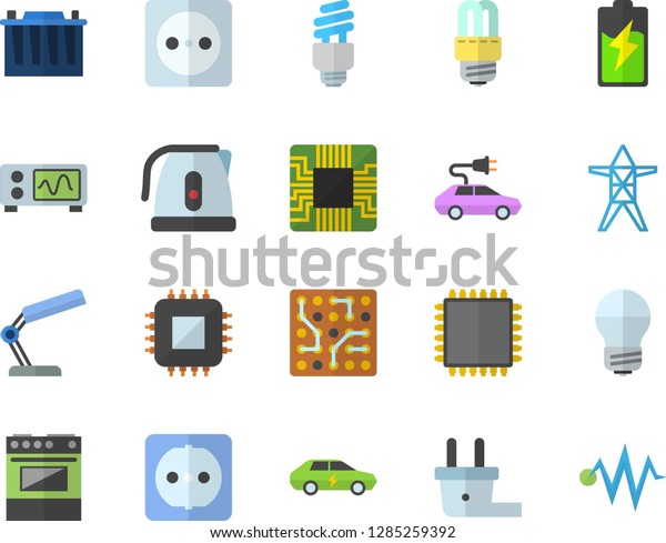 Color flat icon set sockets flat vector,\
energy saving lamp, electric kettle, stove, battery, accumulator,\
socket, plug, power line support, cars, motherboard, reading,\
fector, cpu,\
oscilloscope