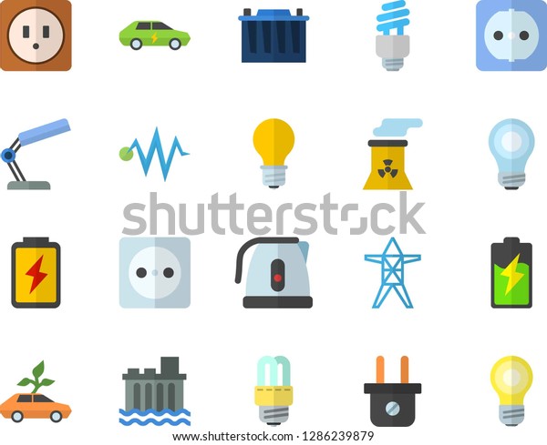 Color flat icon set sockets flat vector, energy
saving lamp, electric kettle, battery, accumulator, socket, plug,
power line support, hydroelectric station, eco cars, reading, bulb,
fector