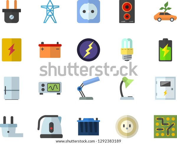 Color
flat icon set sockets flat vector, energy saving lamp, switch box,
electric kettle, induction cooker, fridge, battery, accumulator,
socket, plug, power line support, eco cars,
reading