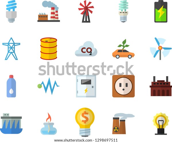 Color flat icon set sockets flat vector, switch box,
windmill, battery, factory, oil tanks, power line support,
hydroelectric station, plant, energy saving lamp, eco cars, carbon
dioxide, idea