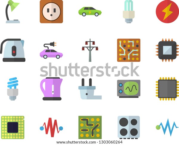 Color flat icon set sockets flat vector,
electric kettle, stove, plug socket, power line support, cars,
motherboard, reading lamp, energy saving fector, cpu, oscilloscope,
lightning, discharge