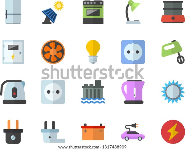 Color flat icon set sockets flat vector, switch\
box, electric kettle, stove, gas, mixer, double boiler, fridge,\
ventilation, solar battery, accumulator, lamp, socket, plug, cars,\
reading, lightning