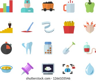 Color flat icon set soup flat vector, bell pepper, French fries, tea, shovel, mining, blood transfusion, physician, ultrasound, scalpel, broken tooth, drawing pin, recruitment, career ladder, chart