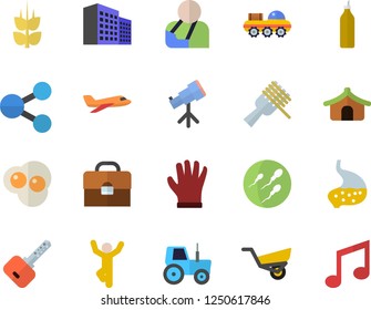 Color flat icon set spaghetti on a fork flat vector, scrambled eggs, mustard, ear, tractor, garden wheelbarrow, gloves, molecules, injury, sperm, stomach, briefcase, office building, lunar rover