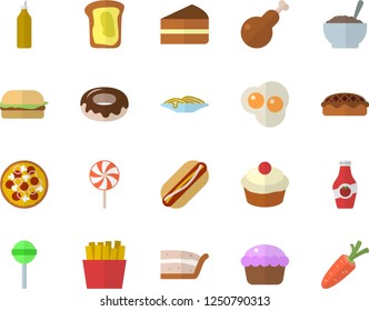 Color flat icon set spaghetti flat vector, hamburger, hot dog, pizza, cupcake, piece of cake, donut, porridge, pie, chicken, lollipop, French fries, scrambled eggs, mustard, ketchup, sandwich