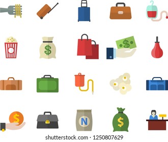 Color flat icon set spaghetti on a fork flat vector, popcorn, fertilizer vectory, investments, wealth, bags, medical warmer, blood transfusion, briefcase, sports pear, sport bag, luggage fector