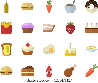 Color flat icon set spaghetti flat vector, hamburger, cupcake, piece of cake, donut, porridge, chicken, carrot, French fries, scrambled eggs, Strawberry, mustard, ketchup, sandwich