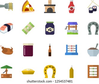 Color flat icon set spaghetti flat vector, sauce, on a fork, pizza, porridge, pie, chicken, fish rolls, sashimi, jam, mustard, ketchup, well, horseshoe, fireplace, abacus