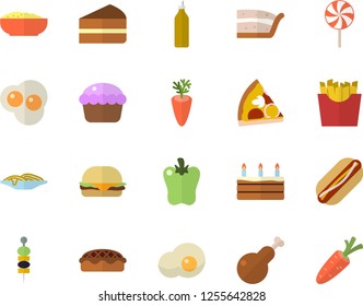 Color flat icon set spaghetti flat vector, hamburger, hot dog, pizza, cupcake, piece of cake, porridge, pie, chicken, lollipop, carrot, bell pepper, French fries, scrambled eggs, canape, mustard