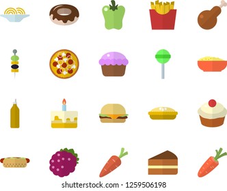 Color flat icon set spaghetti flat vector, hamburger, hot dog, pizza, cupcake, piece of cake, donut, porridge, pie, chicken, lollipop, bell pepper, French fries, blackberry, canape, mustard, carrot