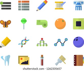 Color flat icon set spaghetti on a fork flat vector, lollipop, orange, butterflies, scatter chart, blood test, DNA, broken tooth, pencil, hostory roll, cpu, classification, bowling ball, whistle