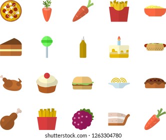 Color flat icon set spaghetti flat vector, hamburger, hot dog, pizza, cupcake, piece of cake, porridge, pie, chicken, lollipop, carrot, French fries, blackberry, mustard